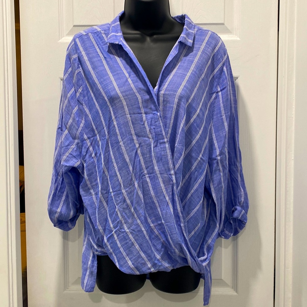 Elan Blue/White Striped 3/4 Sleeve Faux Wrap Top